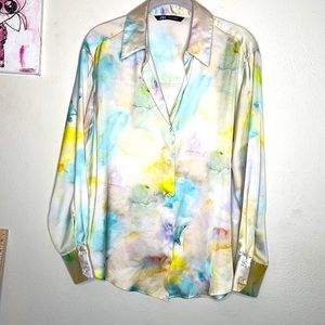 Zara Blue and Yellow Long Sleeve Button Down Blouse